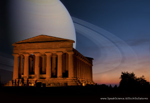 Una immagine di come apparirebbe la Valle dei Templi in Sicilia, se Saturno prendesse il posto della Luna. Una creazione SpeakScience per Occhi Su Saturno 2015. Immagine originale di  Michal Osmenda
