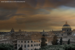 Una vista dei tetti di Roma, se la Terra avesse una atmosfera densa come quella di Titano, la luna di Saturno. Una creazione SpeakScience per OcchiSuSaturno 2015